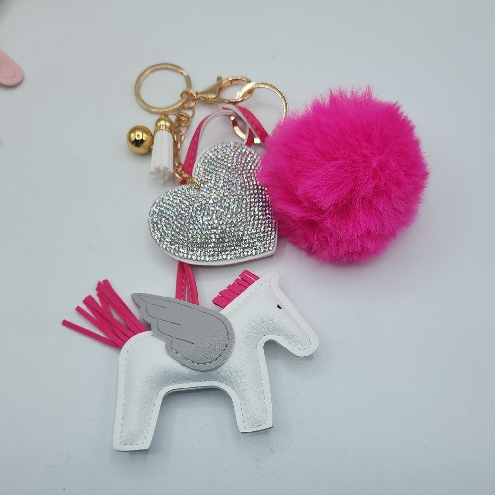 White Pony & Hot Pink Pom Pom Keychain Bag Charm